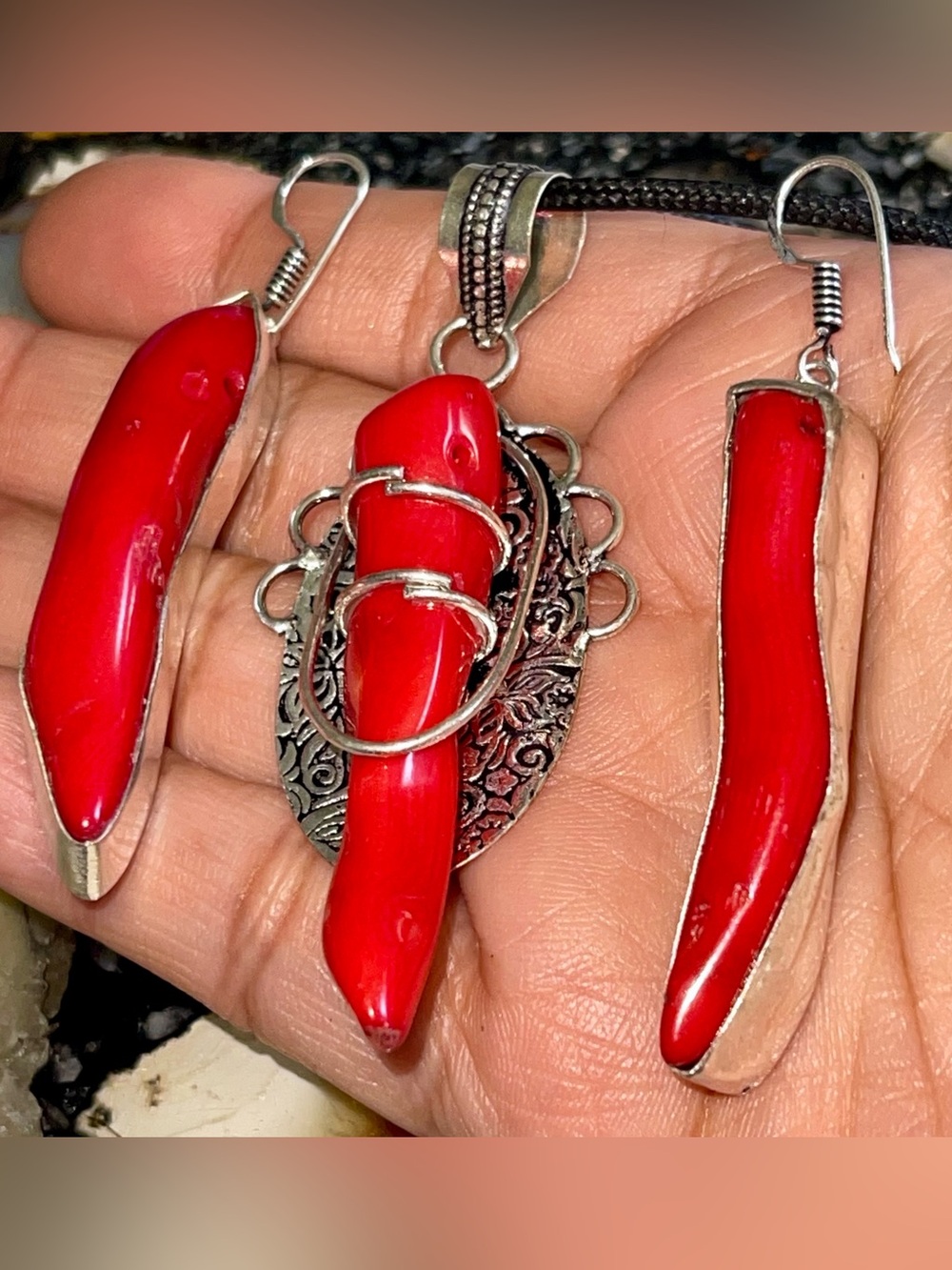 Red Coral Pendant & Earrings Set